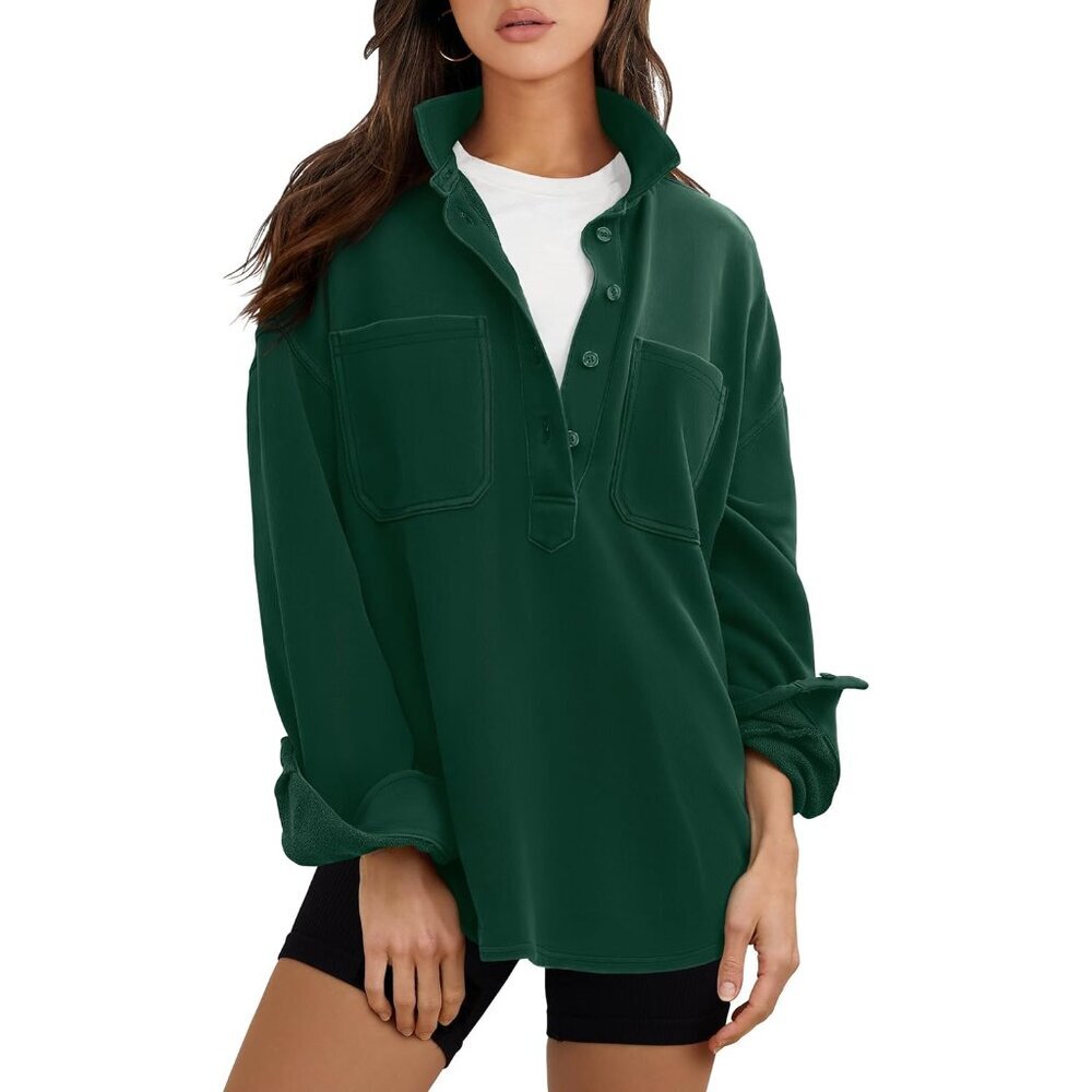 Women's Oversized Casual Sweatshirt Rayon Polyester Long Sleeve Polo Top